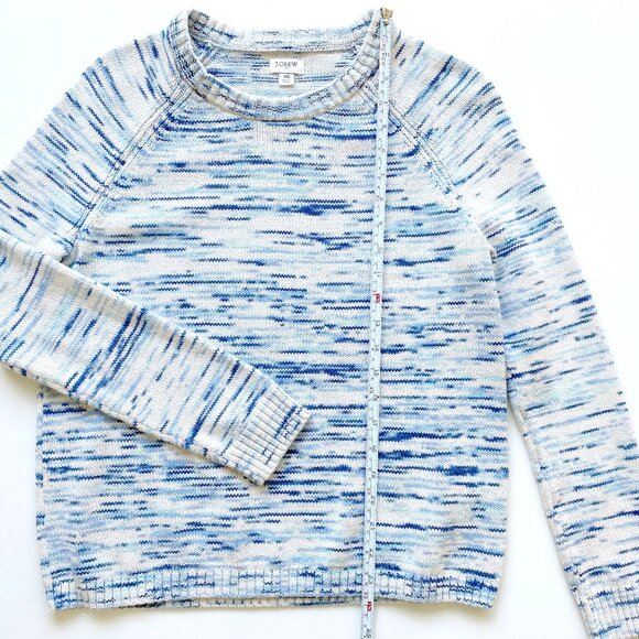 J. Crew Blue White Space Dye Marled Raglan Sleeve Cotton Knit Sweater - Picture 8 of 9